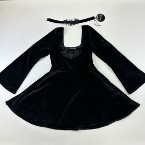 Dollskill x Monsters velvet dress NWT Goth Cosplay fit and flare bat headband M